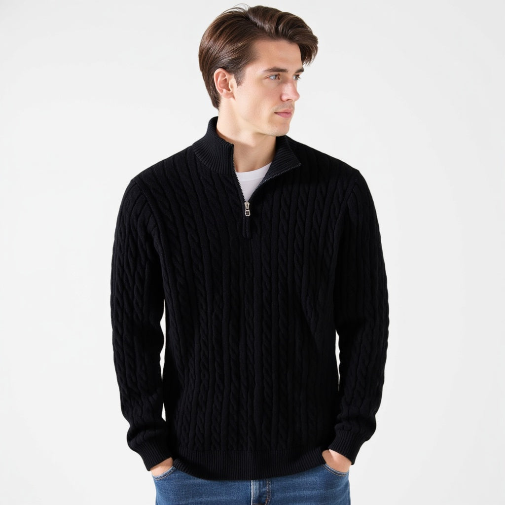 ENZO ELEVATED CABLE ZIP SWEATER
